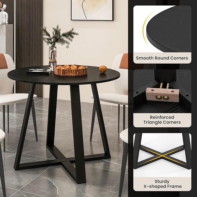 COSTWAY 36 Inch Round Table, Kitchen Table for 4 People with Rubber Wood Frame, Pedestal Base, Farmhouse Rustic Table for Living Room Restaurant, Black
