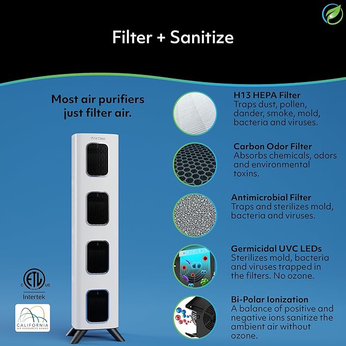 Air Oasis iAdapt 2.0 H13 HEPA Filter Air Purifier | Reduces Up To 99% of Viruses