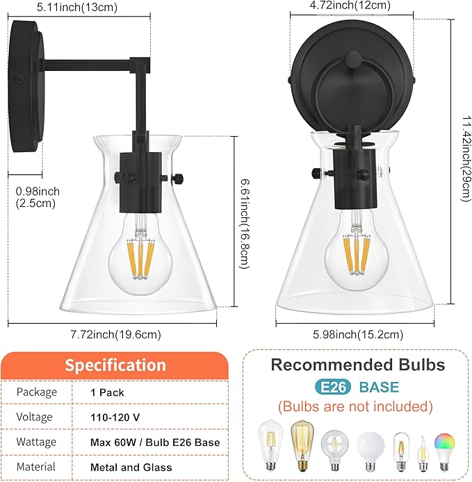 Wall Sconce for Bathroom Modern Vanity Light Fixtures Hardwired Wall Mount Lighting Lamp Farmhouse Wall Lights with 6" Clear Glass Shade for Bedroom Living Room Mirror Kitchen (Black, 1 Pack)