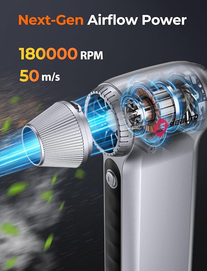 Electric Air Duster 180000RPM, Powerful Cordless Compressed Air Duster with 3-Speed Mini Air Duster Blower, Rechargeable Dust Cleaner for Computer Keyboard, PC, Car, Outdoor & Home Cleaning