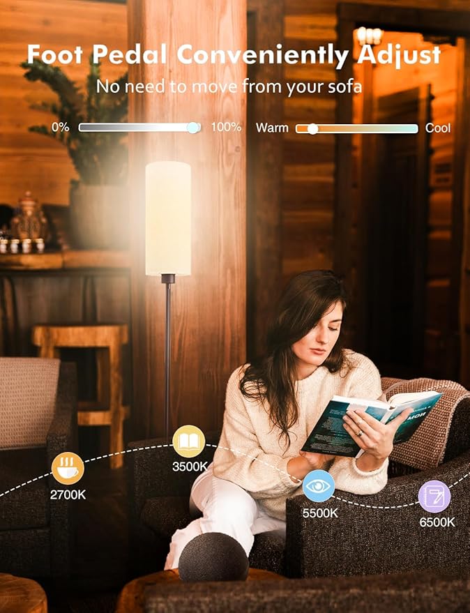 YHW LED Floor Lamp for Living Room with 3 Color Temperatures, Standing Lamp Tall Industrial Reading for Bedroom, Office, 12W LED Bulb, Beige Lampshade Included 68.89‘’
