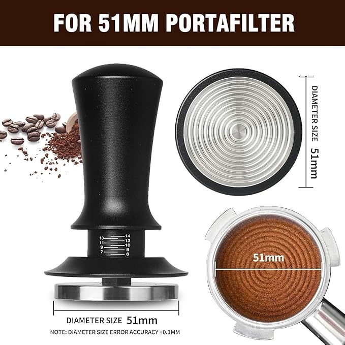 Gmnuiy51mm Coffee Espresso Tamper ，with Stainless Steel Base Tamper ，Silicone Tamper Mat,Black Espresso Distribution Tool， Coffee puck screen