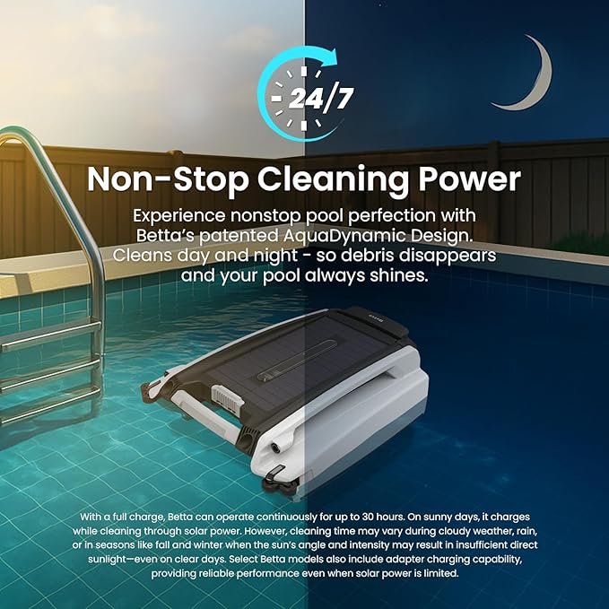 Betta SE Solar Powered Automatic Robotic Pool Surface Skimmer Cleaner with 24/7 Continuous Cleaning Battery Power and Re-Engineered Twin Salt Chlorine Tolerant Motors (White)