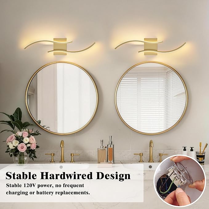 KARTOOSH 2 Pack Gold Light Fixture Hardwired Bathroom Vanity Lights Fixtures Over Mirror 23.6 Inch 3CCT Dimmable Modern Wall Lights for Mirror Kitchen Living Room Cabinet Porch Hallway
