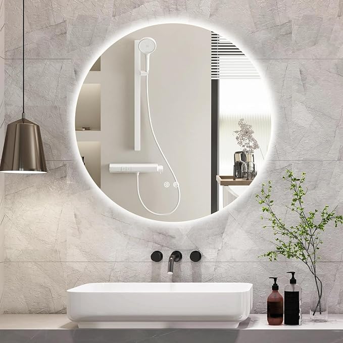 36 Inch Round LED Bathroom Mirror Backlit Anti-Fog Wall Mounted Lighted Bathroom Vanity Mirror 3 Colors Light Dimmable Smart Makeup Mirror with Touch Switch