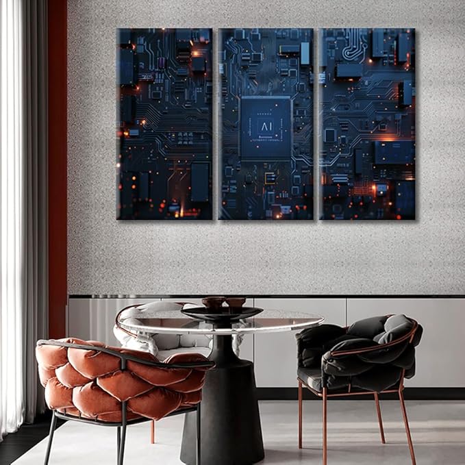 3 Panel Canvas Prints Wall Art Circuit Board Pictures Pictures Frame Wall Decor Advanced Electronic Circuit Network Home Office Bedroom Decorations Framed Ready to Hang (42"Wx28"H)