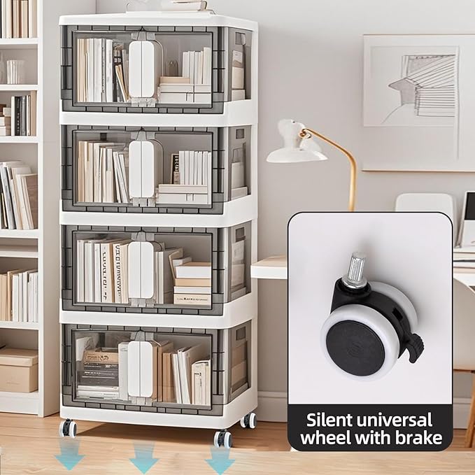 Folding Storage Organizer with Silent casters | Stackable Design for Home & Office, Heavy-Duty Plastic Storage Bin with Clear Door, 3 Sizes (19.5/23.5/27.5in),Black/White (23.6" 2 layer, White)