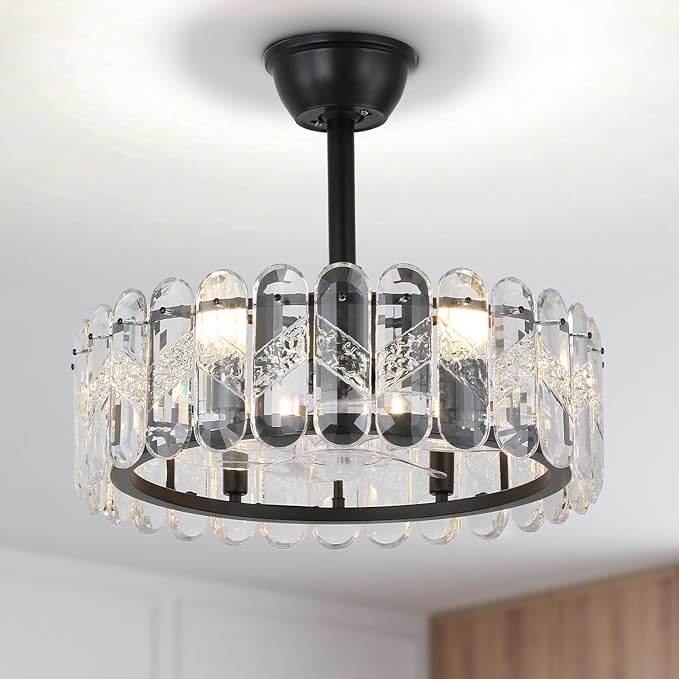 Finktonglan 20 Inch Black Caged Ceiling Fan with Light, Modern Chandelier Ceiling Fan with Lights Remote Control, Adjustable Crystal Fandelier 6 Speeds for Dining Room, Living Room