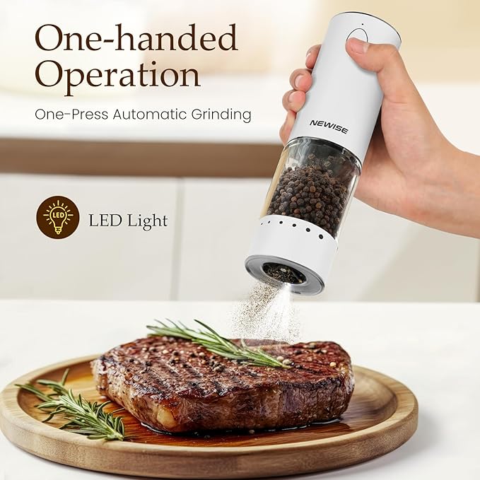 Electric Salt and Pepper Grinder Set, Rechargeable with LED Lights, Stainless Steel Automatic Pepper & Salt Mill, Adjustable Coarseness, Large Capacity, White