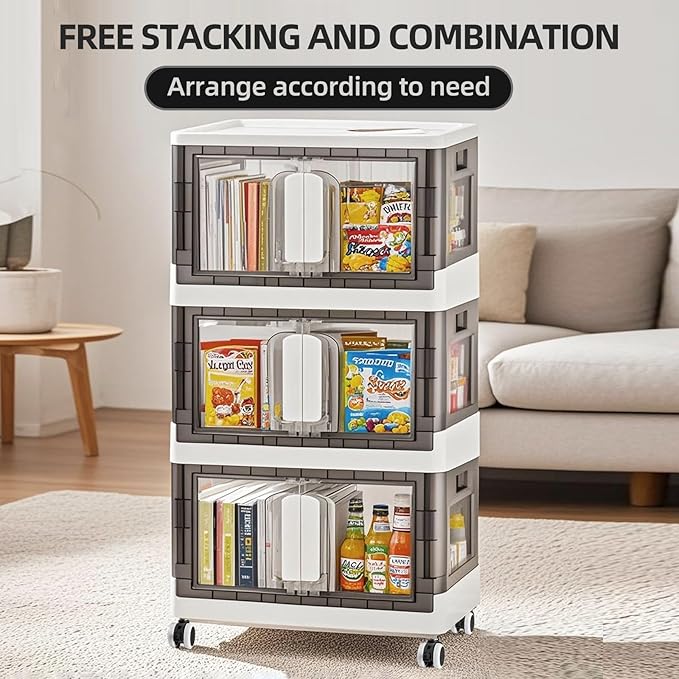 Folding Storage Organizer with Silent casters | Stackable Design for Home & Office, Heavy-Duty Plastic Storage Bin with Clear Door, 3 Sizes (19.5/23.5/27.5in),Black/White (19.7" 3 layer, White)