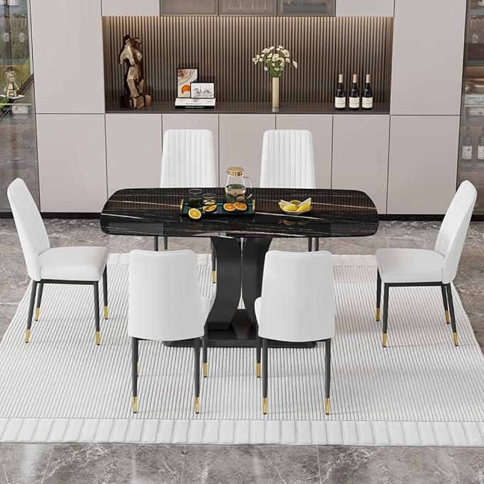 Modern Dining Table Set for 6, Marble Kitchen Table Chair Set for 6, Rectangular Kitchen Table with 6 Pu Leather Upholstered Chair for Dining Room