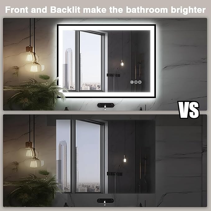 40x24 LED Bathroom Mirror - Black Aluminum Framed, Front and Backlit, Anti-Fog, Stepless Dimmable Lighted, 3 Colors Smart Vanity Mirror (Horizontal/Vertical)