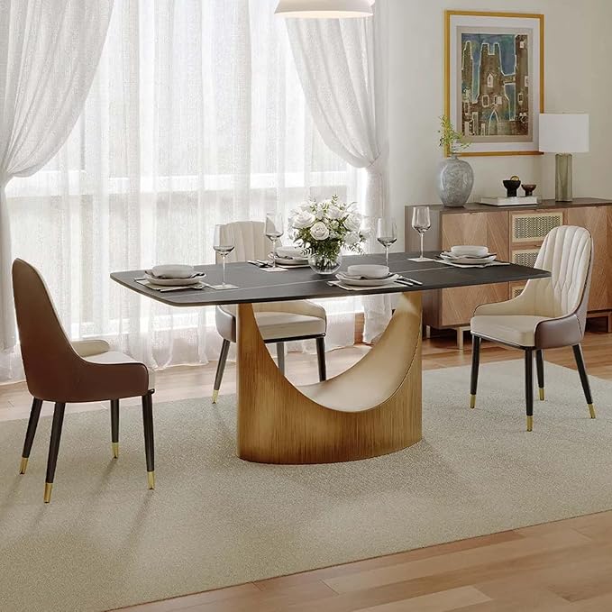 POVISON 63" Hobart Modern Dining Table for 4, Matte Black Heavy-Duty Rectangle Dining Table, Sintered Stone Dining Tabletop with Bronze Carbon Steel Pedestal (Table Only)