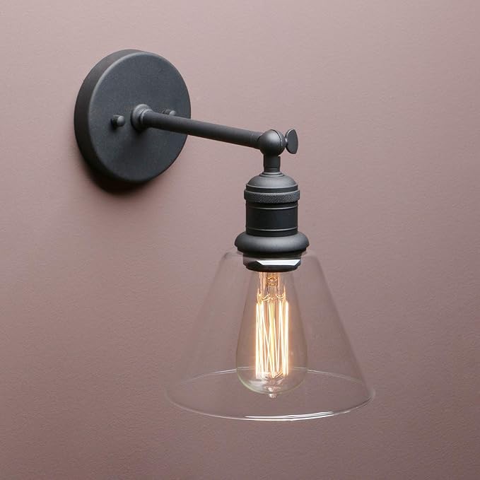 Yosoan Indoor Wall Sconce Fixture Light, 1-Light Modern Single Brass Vintage Industrial Hardwired with Funnel Flared Clear Glass Shade Lamp for Bathroom Sink Porch Kitchen Living Room(Black)