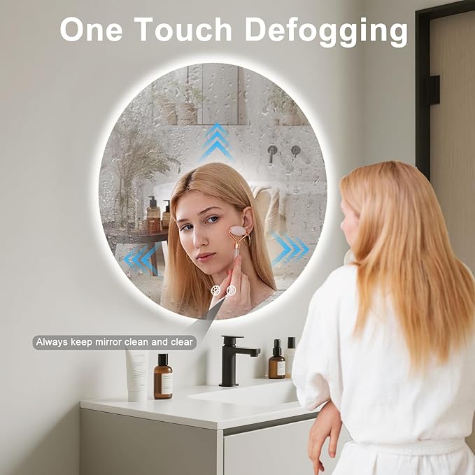 36 Inch Round LED Bathroom Mirror Backlit Anti-Fog Wall Mounted Lighted Bathroom Vanity Mirror 3 Colors Light Dimmable Smart Makeup Mirror with Touch Switch