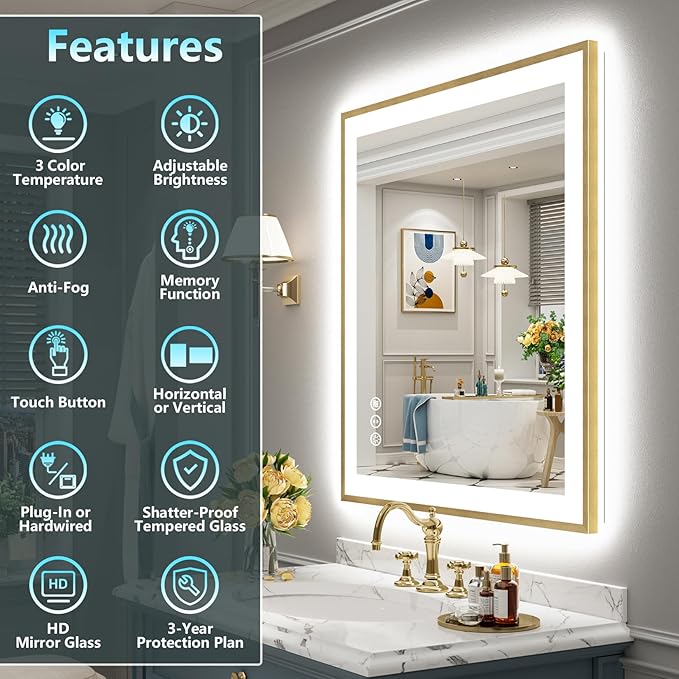 28x36 Gold LED Bathroom Mirror with Lights, Brushed Gold Framed Backlit and Front Lit Anti-Fog Lighted Vanity Mirrors for Bathroom Wall, Dimmable, 3 Colors, Memory, HD Tempered Glass, CRI＞90