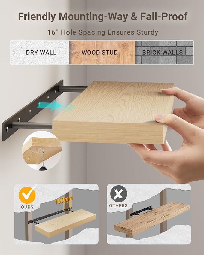 White Oak Floating Shelf for Wall, 3-Piece Long Wood Floating Shelves for Fireplace Mantel, 8D x 2 Inch Thick Wall Shelves for Kitchen Bathroom Living Room Laundry, 50LBS Capacity(35.5&72 In)