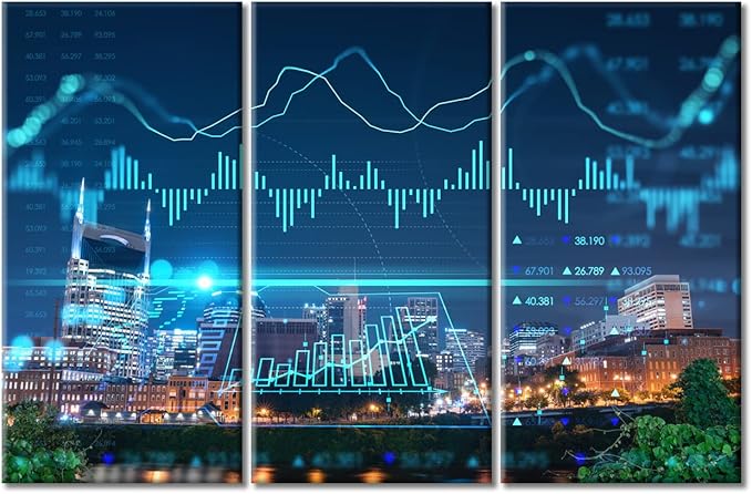 Concept of Internet Trading Brokerage and Analysis Pictures Home Decor 3 Panels Night Skyline Tennessee USA PaintingsWall Art for Bedroom, Room, Office. Print on Canvas Ready to Hang (60"Wx40"H)