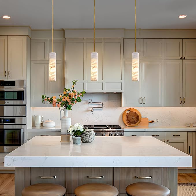 Natural Alabaster Pendant Light Fixture, Modern Marble Kitchen Island Lamp, 9.8" x 2.4" Long Tube Alabaster Chandelier, Small Pendant Light for Bedroom, Dining Room, Living Room (E12 Bulb - 1 Pack)