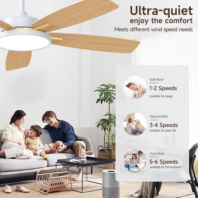 Roomratv Ceiling Fans with Lights,52 inch Smart Ceiling Fans with Dimmable LED Light Compatible with Google Home Alexa App Control(White Gold