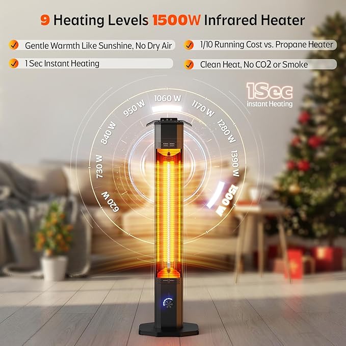 Outdoor Electric Patio Heater, 42-inch 1500W Infrared Tower Heater with 9 Heat Settings & 9H Timer, IPX5 Waterproof, Safety Lock, Tip-Over & Overheat Protection Space Heater for Indoor & Outdoor Use