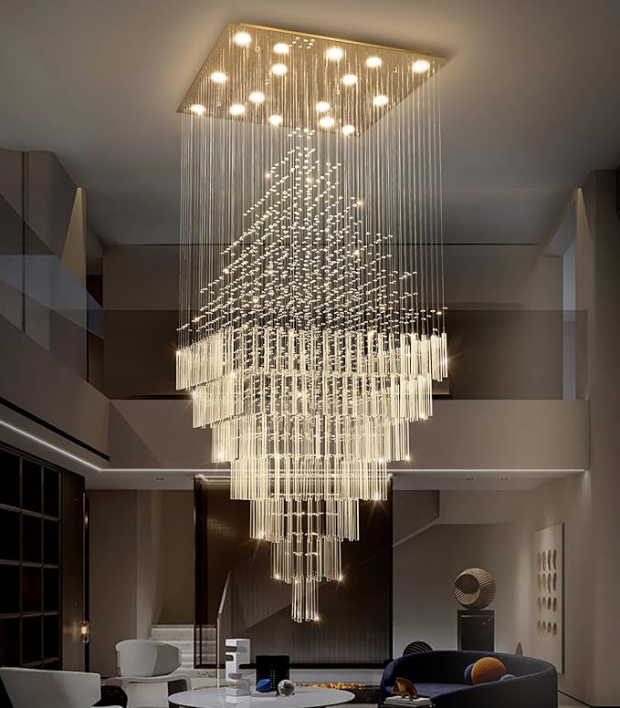 W40 x H120 Glam Chandelier with LED Bulbs Square Chandeliers, Crystal Raindrop High Ceiling Pendant Light for Entrance Large Villa Foyer Lighting Fixtures Gold