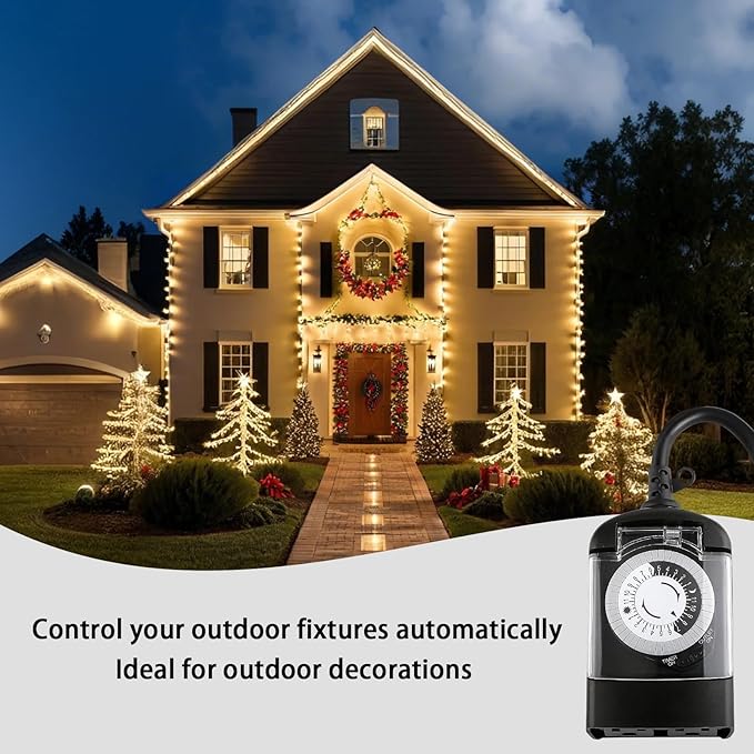 Outdoor Timer Outlet Waterproof, 24 Hour Mechanical Timer Outlet for Home and Garden, 2 Grounded, 15A 3/4HP, Black, 1 Pack