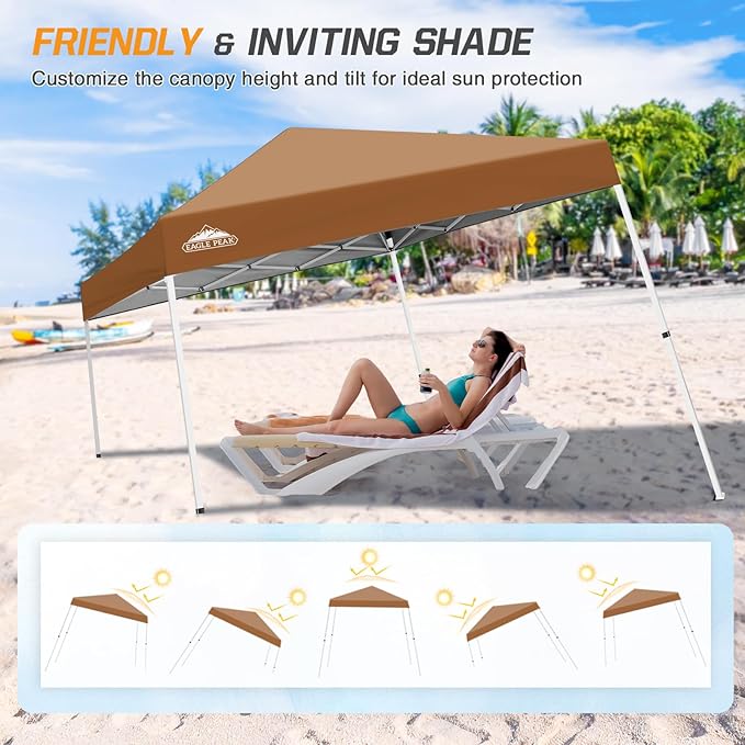 EAGLE PEAK 10x10 Slant Leg Pop-up Canopy Tent Easy One Person Setup Instant Outdoor Beach Canopy Folding Portable Sports Shelter 10x10 Base 8x8 Top (Khaki)