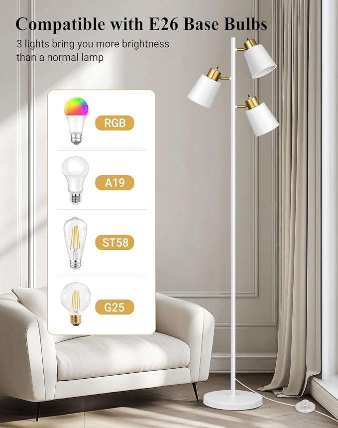 QiMH Tree Floor Lamps for Living Room, 67" Modern Standing Floor Lamp with 3 LED Bulb, Industrial Tall Lamp Reading Lighting for Bedroom Study Office Decor, 3 Rotatable Light Heads, White Gold