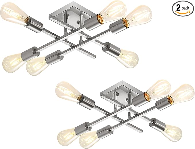 6-Light Semi Flush Mount Ceiling Light Fixture, 2 Pack Modern Brushed Nickel Sputnik Chandelier Lighting, Farmhouse E26 Stock Ceiling Lamp Kitchen Living Room Entryway, Bulbs Not Included