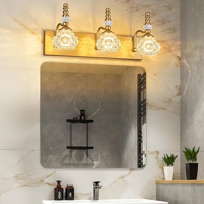 Modern Glass Crystal Vanity Light - Vintage Bathroom Lighting Fixtures Over Mirror, 3 Light Vanity Lights G9 Bulb (19.68 Inch,Brass)