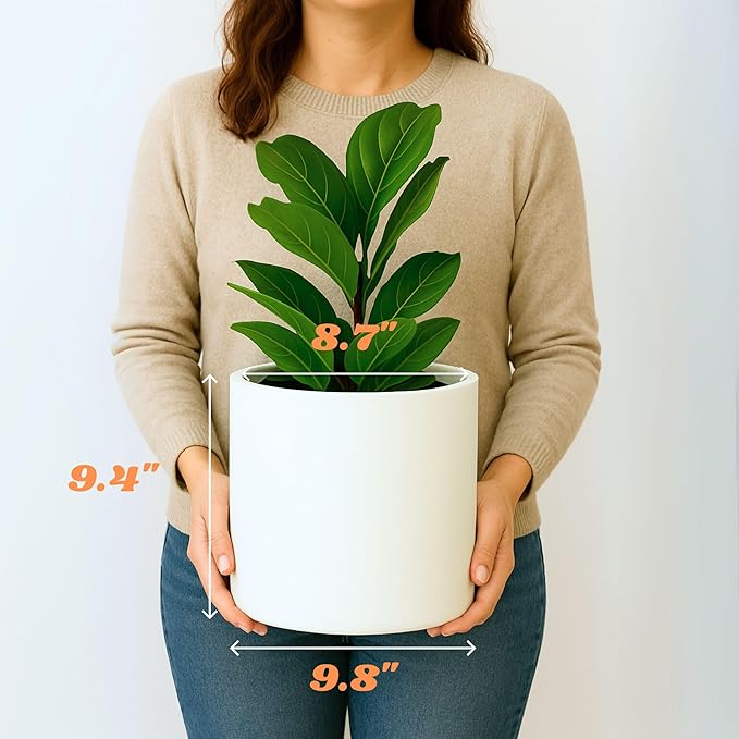 Fox & Fern 10 Inch Plant Pot with Drainage Plug — Premium Lightweight Fiberstone Matte White Planter; Indoor & Outdoor Planter; 10 Inch Pots for Plants Indoor; Weather & UV Resistant