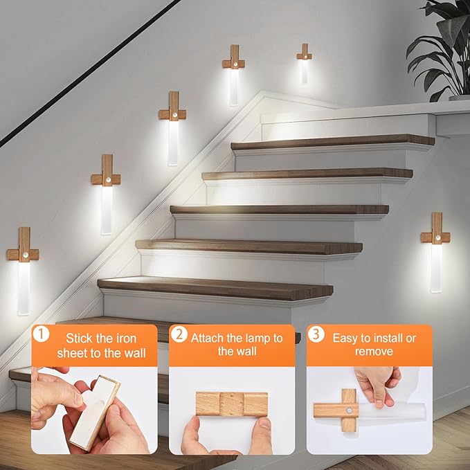 ASAWASA Stair Led Lights，Rechargeable Battery Operated Motion Sensor Light Indoor，Magnetic Dimmable Closet Lights, Wireless Under Counter Lights for Kitchen, Stairs，Restroom（White Light）