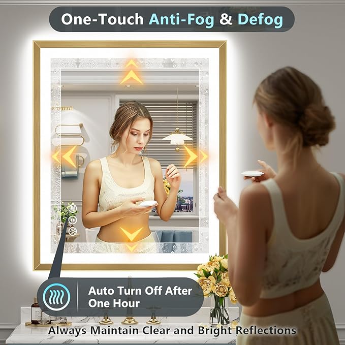 30x36 Gold Beveled LED Bathroom Mirror with Lights, Brushed Gold Framed Backlit and Front Lit Anti-Fog Lighted Vanity Mirrors for Bathroom Wall, Dimmable, 3 Colors, Memory, HD Tempered Glass