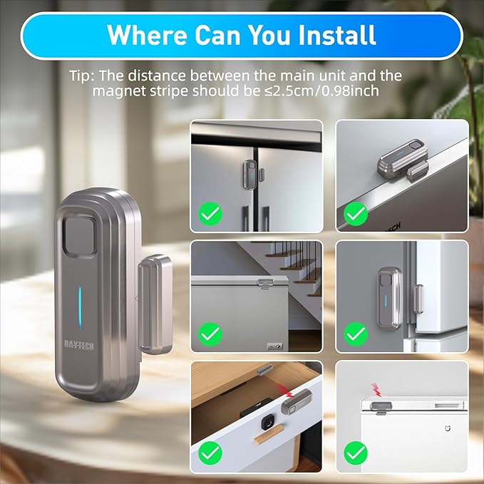 Daytech Refrigerator & Freezer Door Alarm - Adjustable 1-4 Minute Delay, 0-120dB Adjustable Siren, Door/Window Sensor for Home or Business (5 Pack, Gray)