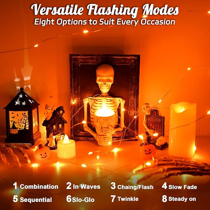 Halloween String Lights Outdoor Waterproof, Solar Fairy Lights 16.4ft 50LED 8 Modes Orange Halloween Lights for Yard Outside Pathway Patio Party Backyard Decorations