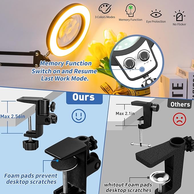 HITTI 12X Extra Long Magnifying Glass with Light, Upgrade Infinite Color and Brightness LED Desk Lamp Clamp, Hands Free 3 Section Magnifier Light Stand for Workbench Craft Reading (12X 35in Clamp)