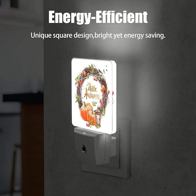 Hello Autumn Night Light, Pumpkin Plug into Wall with Dusk to Dawn Light Sensors, Warm Nightlights for Bedroom, Bathroom, Hallway, Kitchen, Gifts Ideal for Boys Girls Women Men