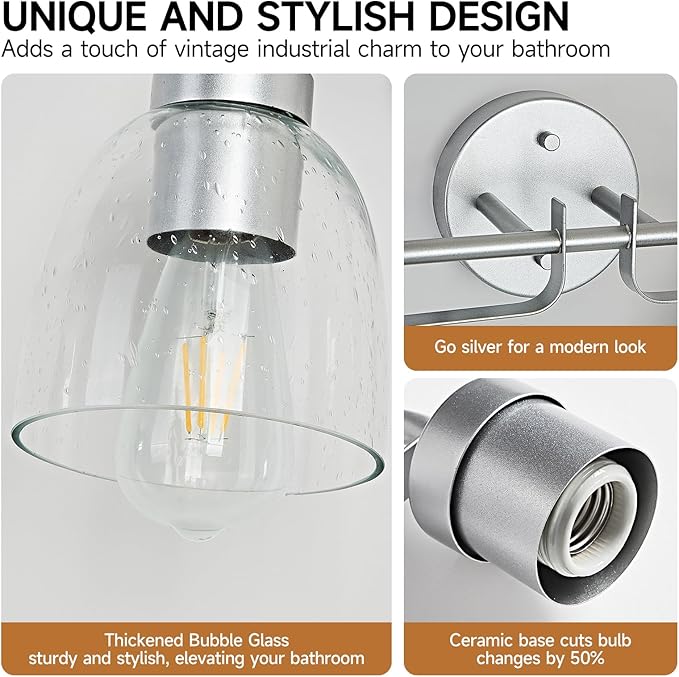 21 Inch Vanity Lights, 3-Light Silver Vintage Industrial Bathroom Light Fixtures with Bell Bubble Glass Shade, Wall Sconce for Bathroom Mirror, Bedroom, Hallway