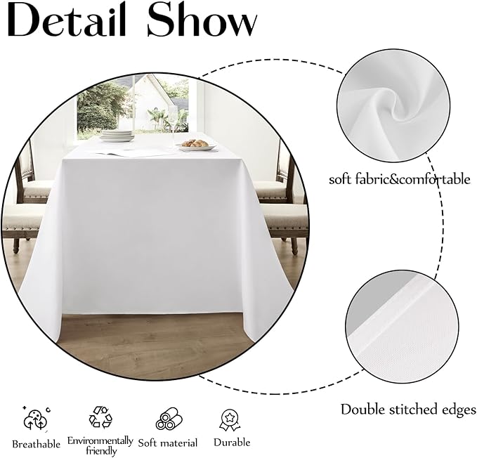 Rectangle Tablecloths 90x132 Inch 1 Pack White Tablecloth for 6ft Washable Decorative Linen Polyester Table Cloths for 8ft Dining Table Banquets Buffet Parties and Wedding