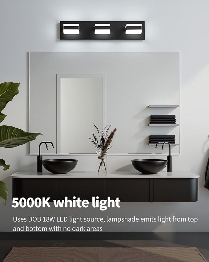 Bathroom Lighting Fixtures Over Mirror, 3 Light Bathroom Vanity Light Fixtures with Cool White 5000K, Matte Black LED Modern Vanity Wall Lights for Bath, Dressing Room, Restroom, 21.6 inch
