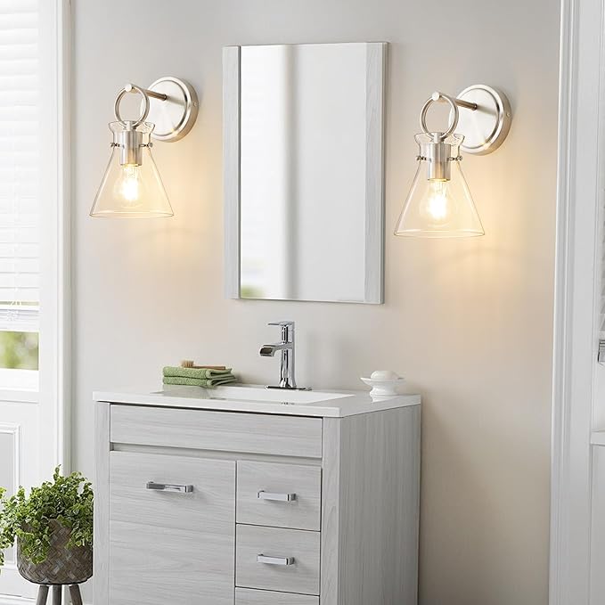 Wall Sconces 2 Pack Modern Vanity Light Fixtures for Bathroom Nickel Wall Mount Lighting Lamp Hardwired Farmhouse Wall Lights with 6 Inch Clear Glass Shade for Bedroom Living Room Mirror