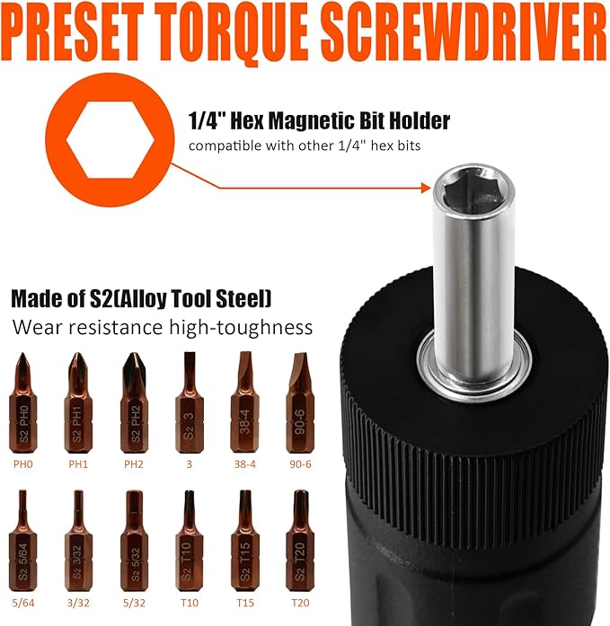 13Pcs Preset Torque Screwdriver with S2 Bits, 1/4” Drive Torque Wrench Screwdriver Set for Maintenance, Tools, Bike Repairing and Mounting, Inch Pound Torque Range 10-70 In-lb