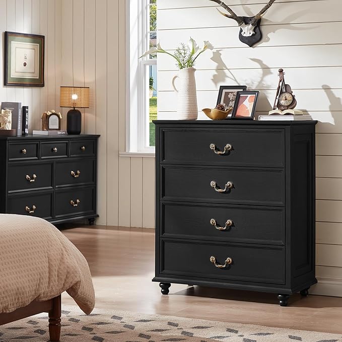 Farmhouse 4 Drawer Dresser for Bedroom, 37" Tall Rustic Chests of Drawers w/ 4 Solid Wood Feet, Mid Century Modern Wooden Closet Storage Dressers Organizer for Living Room, Hallway, Black