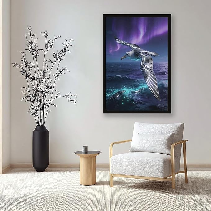 Framed Steampunk Mechanical Seagull Wall Art - Aurora Ocean Retro Poster for Bedroom Game Room Decor 16x24in
