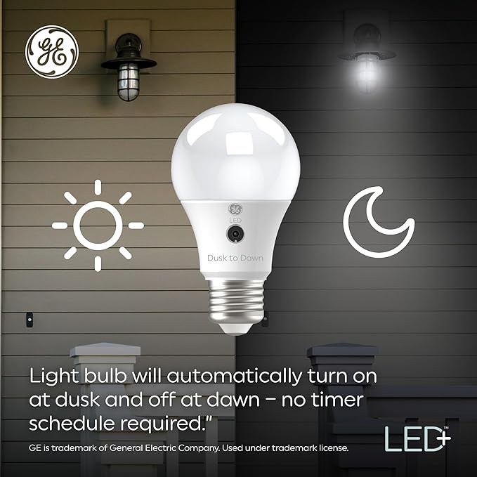 GE LED+ CA11 Dusk to Dawn LED Light Bulbs, Automatic On/Off Outdoor Security Lights, Daylight, E12 Candelabra Base (2 Pack)
