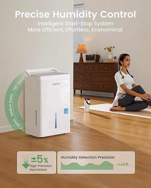 Waykar 5000 Sq.Ft 2025 Energy Star Dehumidifier for Home, Basement, Bedroom, Bathroom, Max 80 Pint/D(Standard 63 Pint/D) with Drain Hose&Water Tank, Ultra Quiet(40 dB), Intelligent Humidity Adjustment