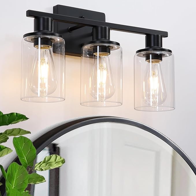 Matte Black Bathroom Light Fixtures Over Mirror,3-Light Bathroom Vanity Light with Clear Glass Shade,Modern Farmhouse Wall Sconces Lighting for Mirror Kitchen Living Room Cabinet