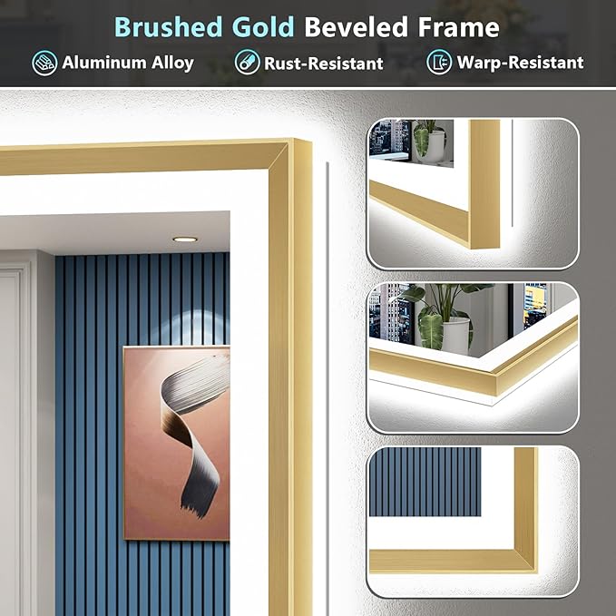 50x40 Gold Beveled LED Bathroom Mirror with Lights, Brushed Gold Framed Backlit and Front Lit Anti-Fog Lighted Vanity Mirrors for Bathroom Wall, Dimmable, 3 Colors, Memory, HD Tempered Glass