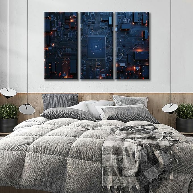 3 Panel Canvas Prints Wall Art Circuit Board Pictures Pictures Frame Wall Decor Advanced Electronic Circuit Network Home Office Bedroom Decorations Framed Ready to Hang (42"Wx28"H)